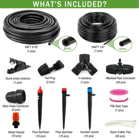 Drip Irrigation Kit For Garden And Lawn 213 Ft Easy Setup With components including tubes, nozzles, connectors, and scissors.