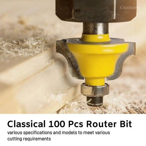 Close-up of a carbide router bit in action from 100 Pack Router Bit Set With 1 Quarter Inch Shank, precise cutting in wood.