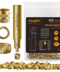 Top Shelf M3 Heat Set Threaded Inserts For 3D Printing Projects And Plastic Reinforcement Featuring Heavy Duty Brass Knurled Threads With No Sweat Soldering Iron Tool And 100 Unit Bundle shown with packaging and insert tool.