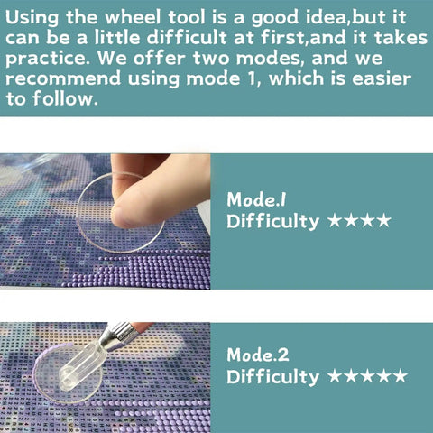 Grooved Diamond Painting Wheel Tool For Pro Grade Gem Art Pen Kit, two usage modes with difficulty ratings.