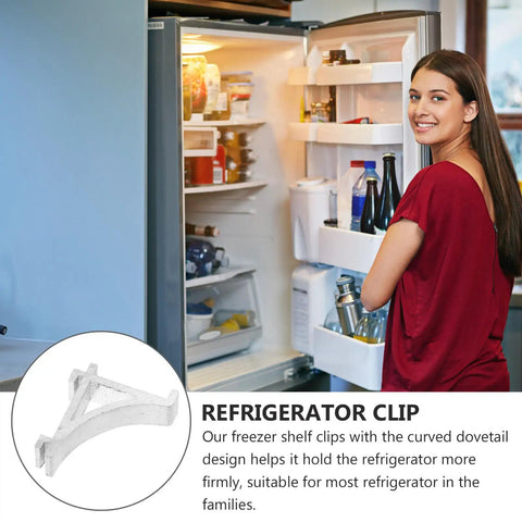 Aluminum Freezer Shelf Clips Must Have Ten Pack Easy To Install Cooler Shelf Braces with smiling woman opening fridge