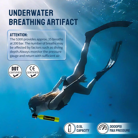 Diver using 0.5L Mini Scuba Tank With Pump And Full Face Mask For Snorkeling And Shallow Water Exploration, underwater view.