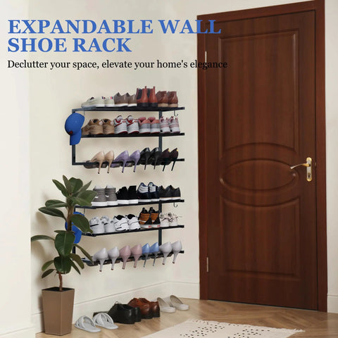 Two Pack Wall Mounted Shoe Rack Three Tier Hanging Setup Holds Twenty Four Pairs Adjustable Heavy Duty Rack Slick Storage Game Changer Clears Clutter Out Of Any Closet Black