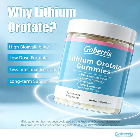 Image of a jar of Low Dose Lithium Orotate Gummies For Daily Balance And Brain Health, 90 servings, berry pectin based formula.