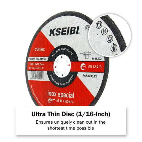Close-up of 50 Pack 4 1/2 Inch Ultra Thin Cut Off Wheels For Metal Cutting Stainless Steel Aluminum 0.040 Inch Thickness 7/8 Inch Arbor Type 41 Angle Grinder Disc
