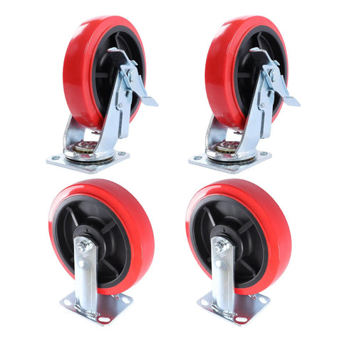 Heavy Eight Inch Swivel Caster Wheels Four Pack Premium Polyurethane Treads on metal plates for furniture and equipment.