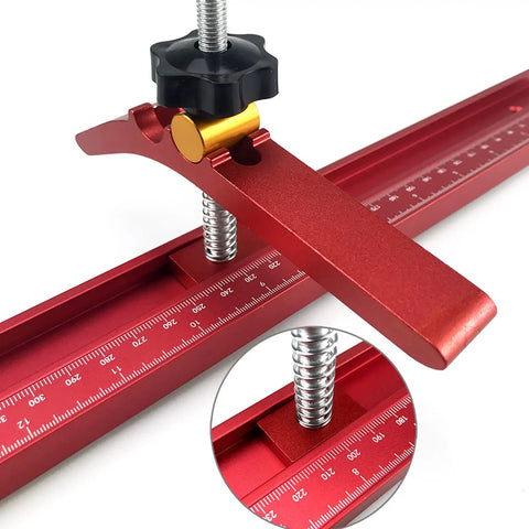 Heavy Duty T Slot Hold Down Clamp Set For Woodworking Aluminum Alloy Tool with adjustable red arm and ruler markings.