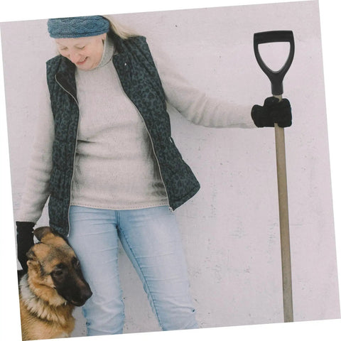 Person holding shovel with D Shaped Ergonomic Garden Shovel Handle Replacement With Comfortable Grip For Digging And Yard Work Plastic Handle Black Inner Diameter Easy Swap Reduces Hand Fatigue.