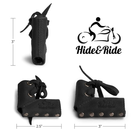 Full Grain Leather Shifter Pad For Motorcycles Set Of 2 Shoe Protectors Charcoal Black with Logo and Dimensions
