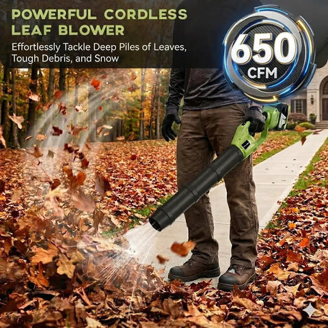 Person using Powerhouse Cordless Brushless Leaf Blower Kit With Dual 4.0Ah Batteries And Fast Charger, blowing leaves