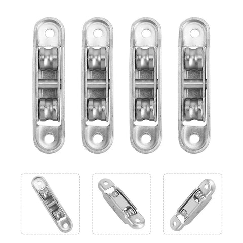 Heavy Duty 4 Pack Window Sash Pulley Wheels With Double Bearing Nylon Rollers For Smooth As Butter Gliding Sliding Doors And Glass Tracks, showing four silver pulleys.