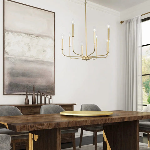 Gold Eight Arm Modern Chandelier With Two Height Options hanging over dining room table