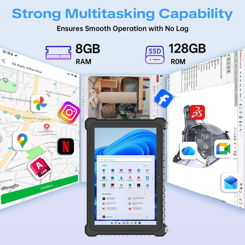 No Sweat Heavy Duty Workhorse 10.1 Inch Rugged Tablet Pc IP67 Waterproof Industrial showcasing multitasking capabilities with apps.