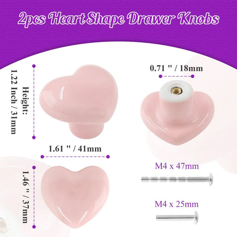 Pink Heart Shaped Ceramic Cabinet Knobs 2 Pack Cute Dresser Drawer Pulls For Kids Rooms Girls Bedrooms And Tiny Kitchens