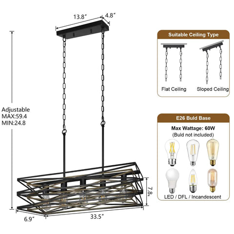 Farmhouse Style 33.5 Inch Five Light Linear Chandelier With Retro Wood Texture dimensions and features diagram