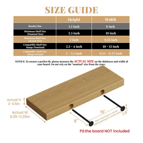 Size guide for Heavy Duty Invisible Floating Wall Shelf Brackets Eight Inch Black Metal Shelf Supports with measurements.
