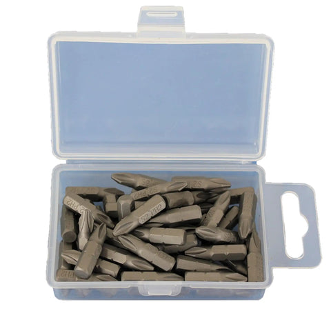 Open case of PH2 Phillips Screwdriver Bits Set Pro Grade, 50 Pc, 1 Inch Length, 1/4 Inch Hex Shank, Impact Ready, Taiwan S2 Steel