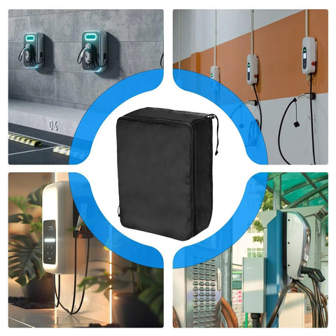 Tough As Nails EV Charger Cover For Wall Mounted Charging Stations in black high density oxford cloth, shown in various installation settings.
