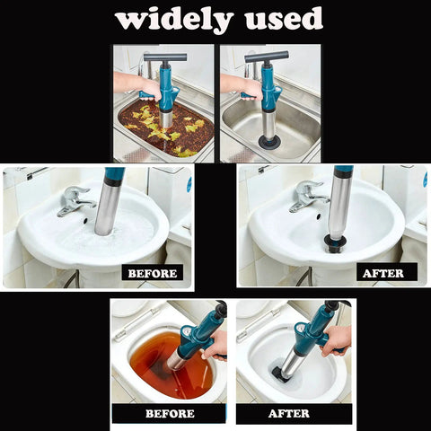 Air Powered Toilet Drain Blaster Plunger High Pressure Dredge Tool For Clogged Toilet Sink Shower Floor Drains in use before and after