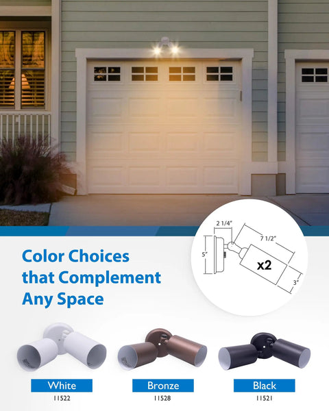 Dual Adjustable Heads Outdoor Flood Light Fixture Built Tough 100W 120V Weatherproof Heavy-Duty Aluminum Security Light Black Exterior Lighting Requires Two PAR20 Bulbs Up To 50W Each Not Included, shown in white, bronze, and black options illuminating a garage door.