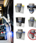 Left: industrial welding setup; right: blue wedge-lock locking washers with bolts on metal plates (assortment kit).