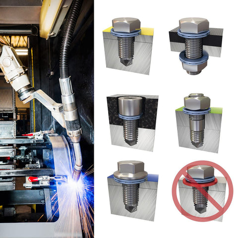 Left: industrial welding setup; right: blue wedge-lock locking washers with bolts on metal plates (assortment kit).