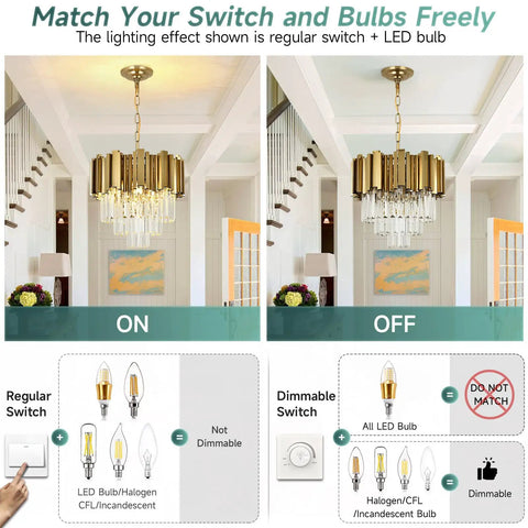 Gold Crystal Pendant Chandelier With Adjustable Chain For Dining Room, Living Room And Kitchen Island Modern Glam Lighting Fixture, 14in Long, 11.8in Wide, 17in High, K9 Crystal, Great For Contemporary Or Transitional Decor, shown lit and unlit with bulb options.