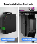 Adjustable Under Desk PC Mount And Wall CPU Rack With Full 360 Rotation showcasing wall-mounted and under-table installation options.
