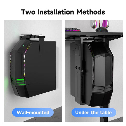 Adjustable Under Desk PC Mount And Wall CPU Rack With Full 360 Rotation showcasing wall-mounted and under-table installation options.