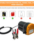 Rugged 12 Volt 60 Watt Electric Oil Extractor Pump With Flexible Suction Hose and Clamps for engine fluid extraction from vehicles.