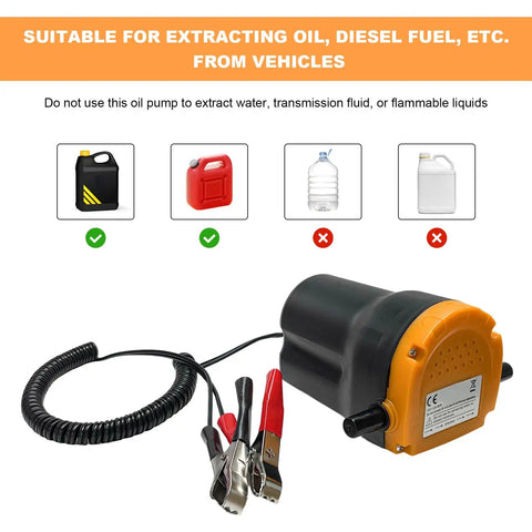 Rugged 12 Volt 60 Watt Electric Oil Extractor Pump With Flexible Suction Hose and Clamps for engine fluid extraction from vehicles.