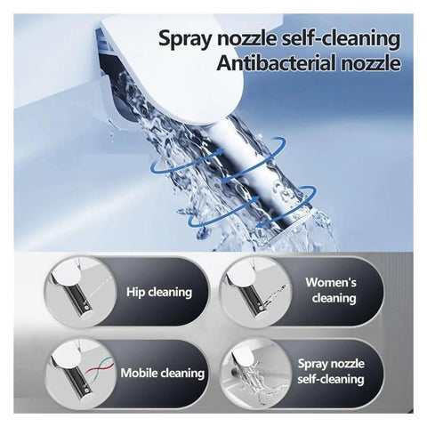 Kick Your Feet Up While Using This Game Changing Smart Bidet Seat Cover With Snappy Digital Controls Plush Heated Cushion Toasty Air Dryer Hidden Night Glow And Effortless Touch Buttons For Round Lids self-cleaning spray nozzle with antibacterial features, showing various cleaning settings.