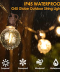 50 Ft LED Outdoor String Lights G40 Globe Dimmable Patio Lights Waterproof with 27 warm white shatterproof bulbs in rain.