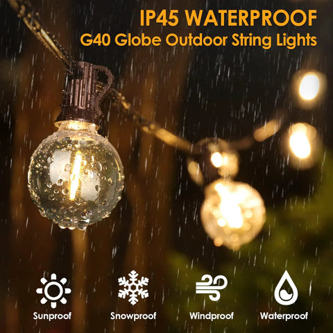 50 Ft LED Outdoor String Lights G40 Globe Dimmable Patio Lights Waterproof with 27 warm white shatterproof bulbs in rain.