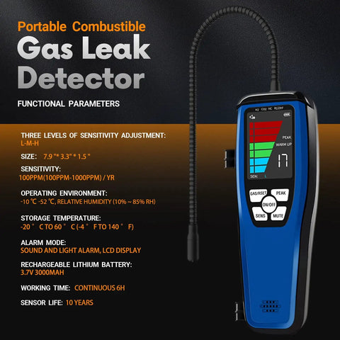 LD600 Portable Gas Leak Detector With 16 Inch Gooseneck 3000mAh Rechargeable Battery displayed with specifications.