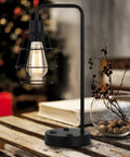 Two Pack Industrial Table Lamps With Dual USB Ports And AC Outlet, Black Metal Cage Shade on wooden table, cozy room setting.
