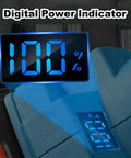 Digital power indicator showing 100% on Tough As Nails Two In One Cordless Drill And Cement Mixing Tool With Two Speed Torque Control One Eighty Degree Rotatable Chuck Led Work Light Blue Battery Powered Design.