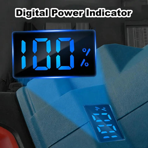 Digital power indicator showing 100% on Tough As Nails Two In One Cordless Drill And Cement Mixing Tool With Two Speed Torque Control One Eighty Degree Rotatable Chuck Led Work Light Blue Battery Powered Design.