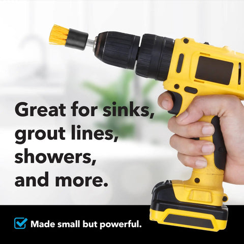 Hand holding cordless drill with yellow brush attachment labeled Four Pack Drill Brush Attachments For Grout And Tile Cleaning Quick Change Shafts Cordless Drill Compatible Yellow With Five Eighths Inch Stiff Bristles Effortless Scrubbing For Grout And Tile Must Have Grout Scrubbing Kit in background.