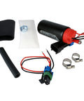 Beefy 340 LPH In-Tank Fuel Pump For 12V EFI And Carbureted Engines, components and accessories laid out next to the pump.