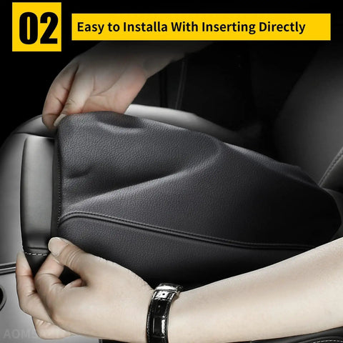 Center Console Armrest Cover for 2016-2021 Hyundai Tucson being easily installed, featuring black stitching and durable fit.