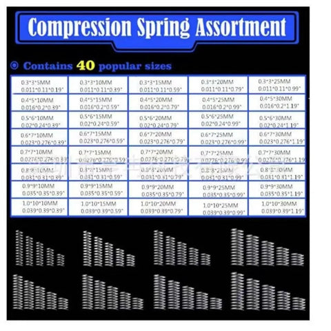 200 Piece Spring Set Kit With 40 Size Variations for Mechanical Equipment size chart and spring display