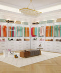 Total Glow Up For Your Space With Massive Freestanding Modular Closet System Featuring Solid Wood Drawers Hanging Rods And Shelves In White For Effortless Clutter Crushing, showcasing colorful outfits organized in a stylish closet.