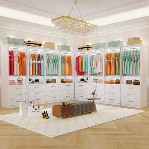 Total Glow Up For Your Space With Massive Freestanding Modular Closet System Featuring Solid Wood Drawers Hanging Rods And Shelves In White For Effortless Clutter Crushing, showcasing colorful outfits organized in a stylish closet.
