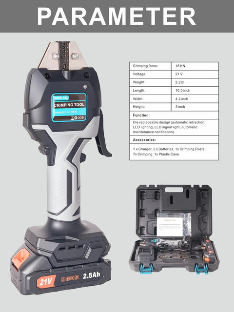Front view of Electric Wire Crimping Tool Kit with Battery Power, Terminal Crimper with 7 Dies, shown with open case.