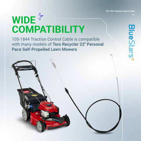 Traction Control Cable For Toro 22 Inch Recycler Lawn Mower With Personal Pace Self Propelled Rear Drive Beefy 47 Inch Cable And 35.5 Inch Conduit Replaces 1051844 Fits 2002 2009 Models Stens 290-927 Rotar Compatible, shown with Toro mower