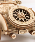 1:18 Scale Mechanical Car Model Kit DIY 3D Wooden Puzzle for Adults Hands On Build Brain Teaser Grand Prix Vehicle Gift for Men and Women Great for Birthday or Christmas, close-up wooden wheel detail