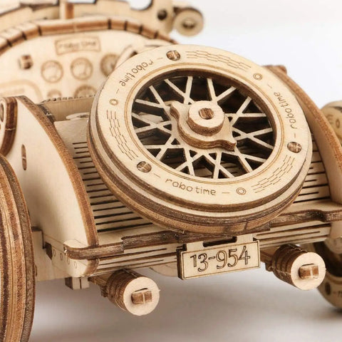 1:18 Scale Mechanical Car Model Kit DIY 3D Wooden Puzzle for Adults Hands On Build Brain Teaser Grand Prix Vehicle Gift for Men and Women Great for Birthday or Christmas, close-up wooden wheel detail