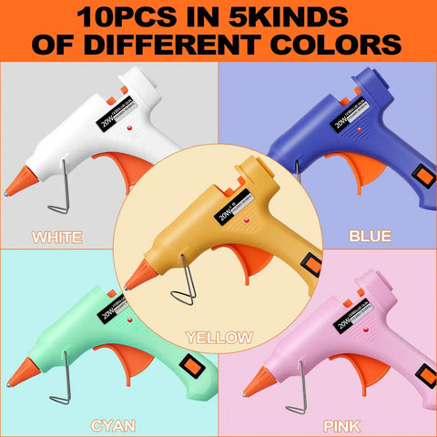 Five Color Mini Hot Glue Gun Kit with Storage Box, showcasing blue, pink, yellow, white, and cyan glue guns, 10 pack visual display