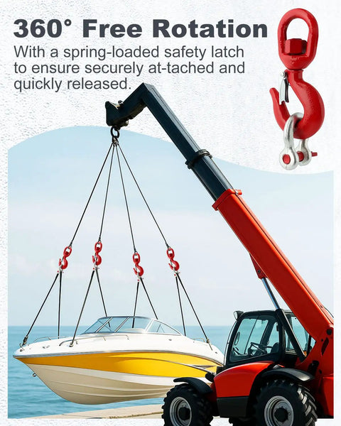 1 Ton Swivel Lifting Hook And Three Eighths Inch D Ring Anchor Shackles Set For Lifting And Towing Heavy Duty Grade 80 Alloy Steel Rigging Gear With 2 Swivel Hooks And 2 D Shackles Ideal For Construction And DIY Projects, red swivel hook with safety latch lifting a boat